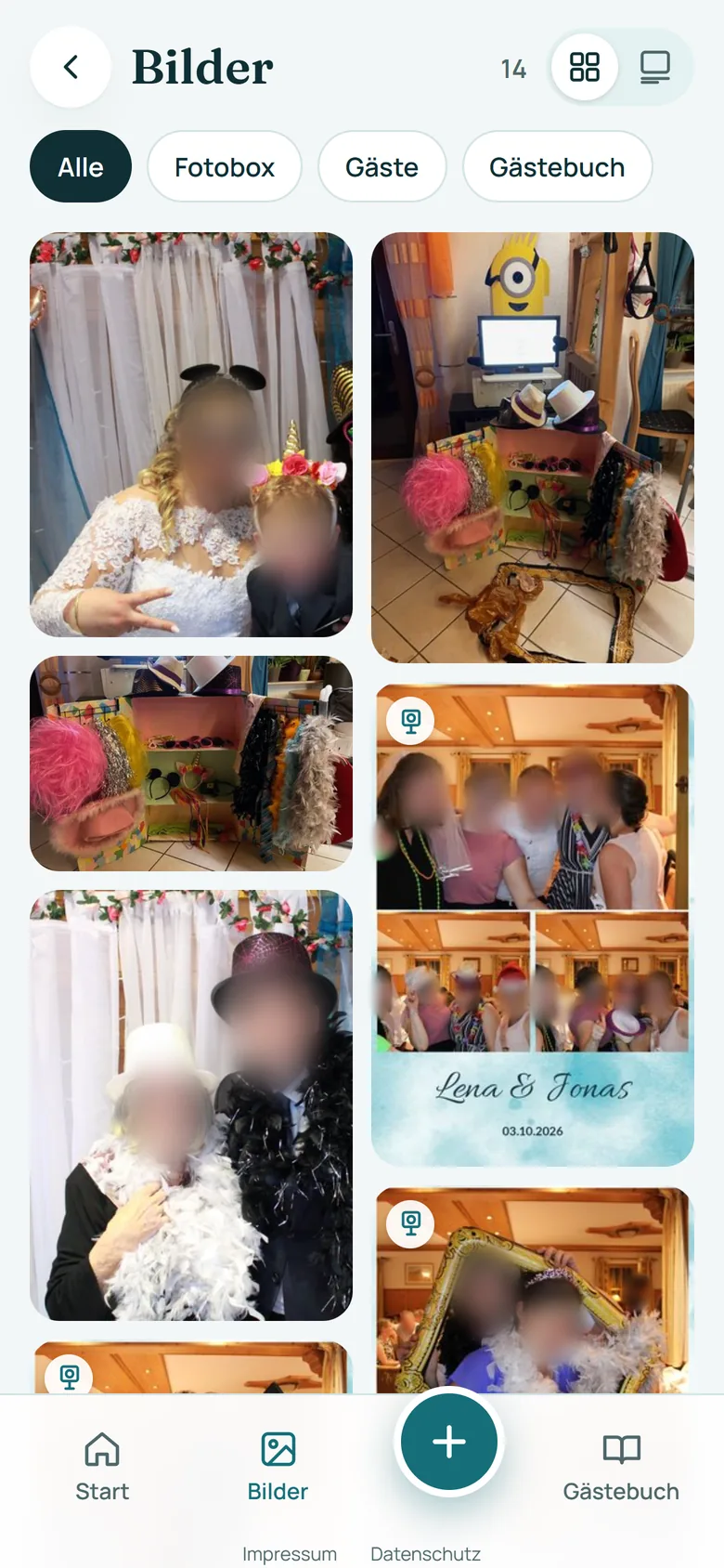 Bilder eines Albums im Stil Bühne: Fotos der Gäste und Collagen der Fotobox, oben die Filter Fotobox, Gäste und Gästebuch.