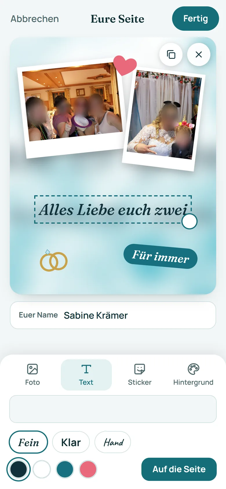 Editor mit gewähltem Text, unten Schriften und Farben.
