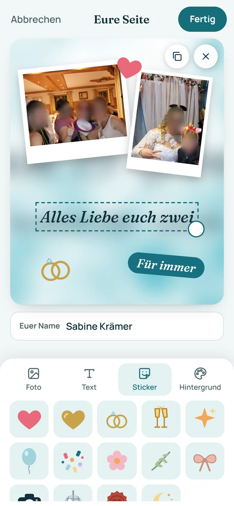 Editor mit zwei Fotos, Herz, Text und Stickern, unten die Auswahl der Sticker.
