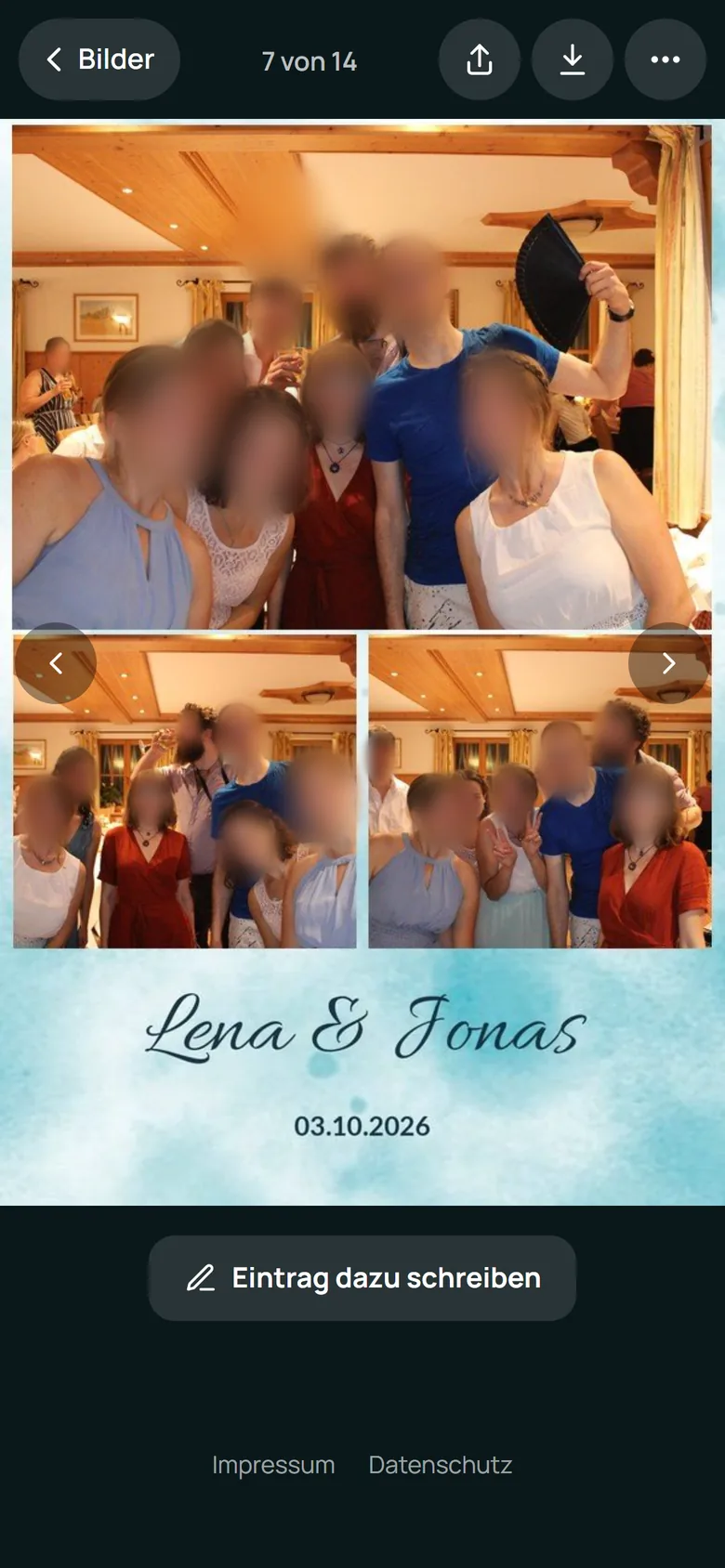 Collage der Fotobox einzeln geöffnet, mit Pfeilen zum Weiterblättern und dem Knopf für einen Gästebucheintrag.