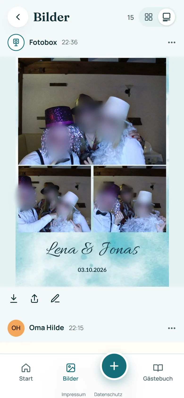 Feed im Stil Bühne: ein Beitrag der Fotobox mit Collage, darunter die Knöpfe zum Laden, Teilen und Schreiben.