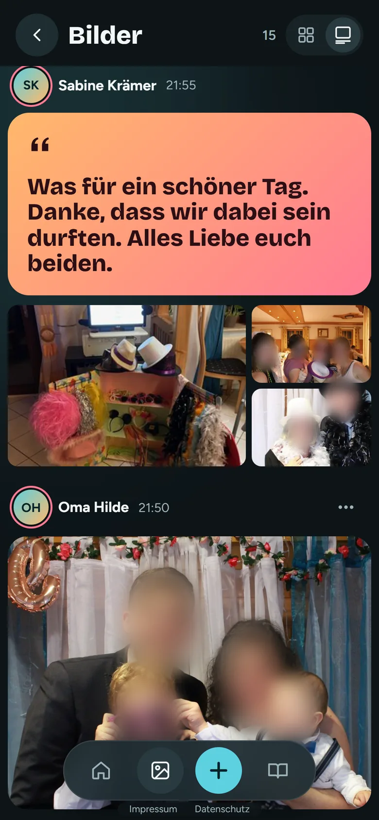 Feed im Stil Nacht: ein Gästebucheintrag mit drei Fotos, darunter das Foto eines Gastes.
