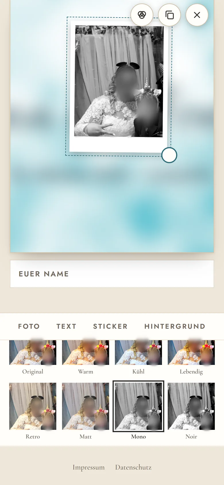 Editor mit einem Foto im Rahmen Polaroid und Filter Mono, unten Rahmen und acht Filter.