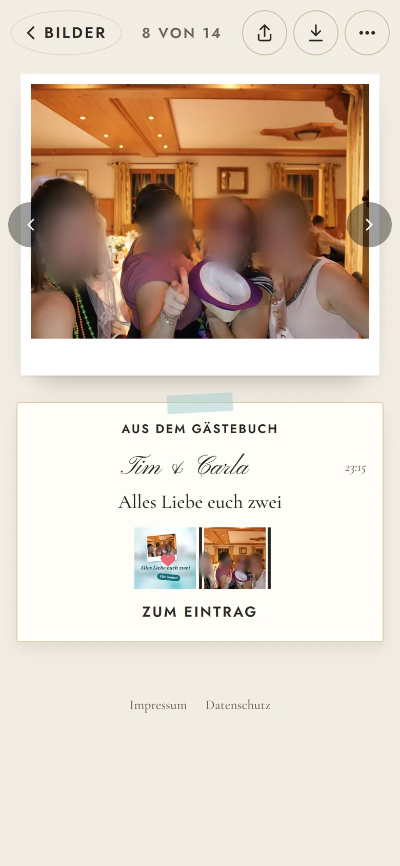 Geöffnetes Foto mit dem Gästebucheintrag, zu dem es gehört.