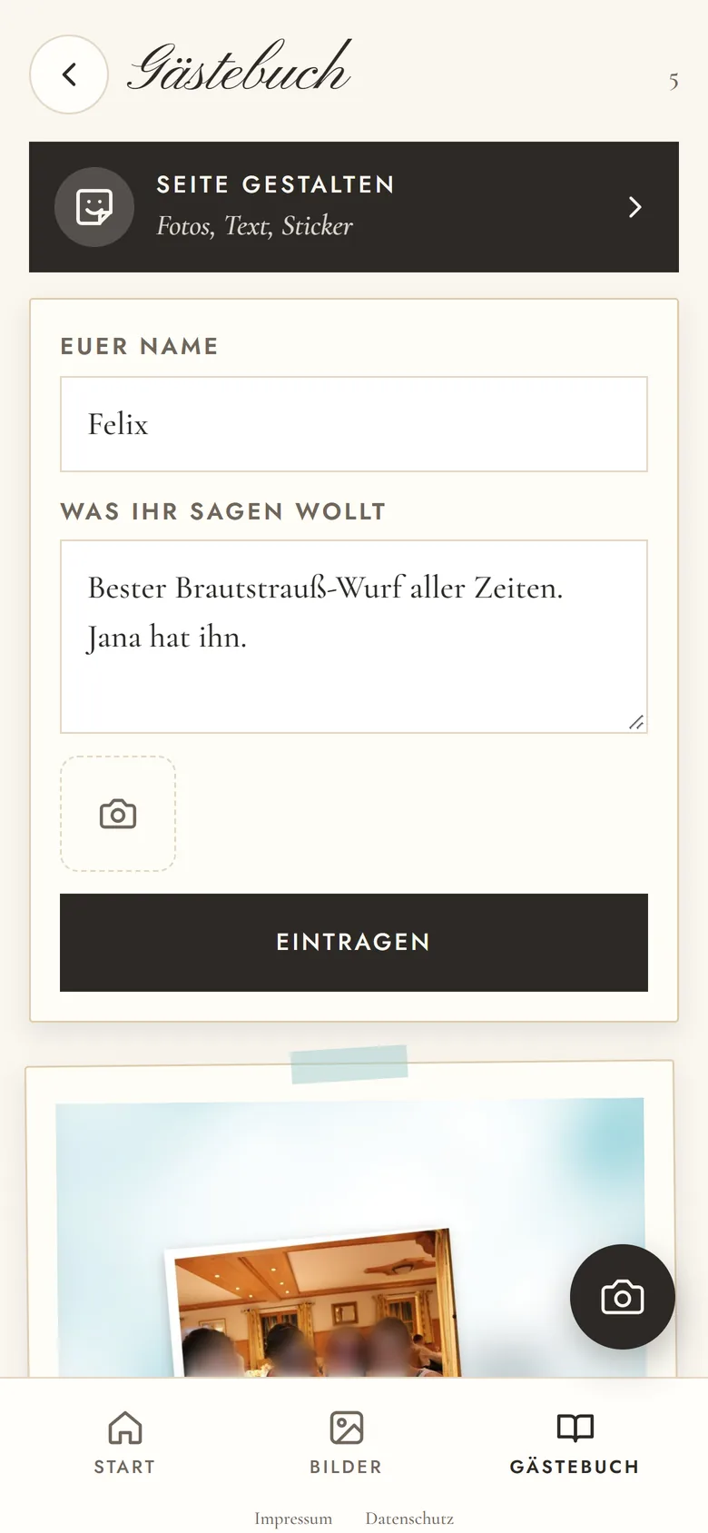 Gästebuch im Stil Papier mit dem Formular für Name, Text und Fotos.