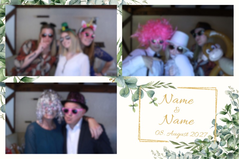 Hochzeit-Layout „Eukalyptus & Goldrahmen" als Collage